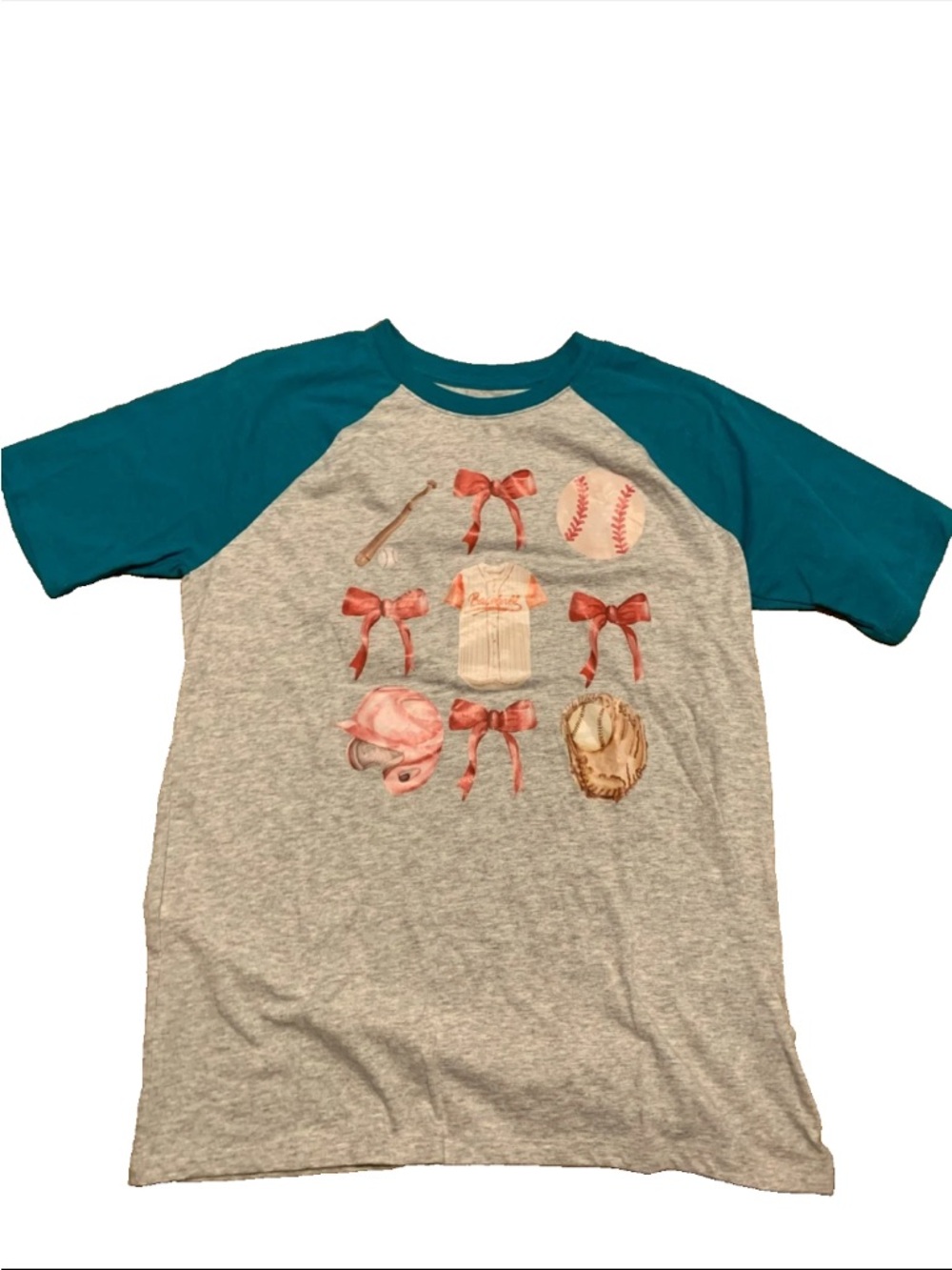 Girl's Baseball style T-shirt w/Mitt, Bat, Helmet, Bows & Baseballs sz XXL (18)